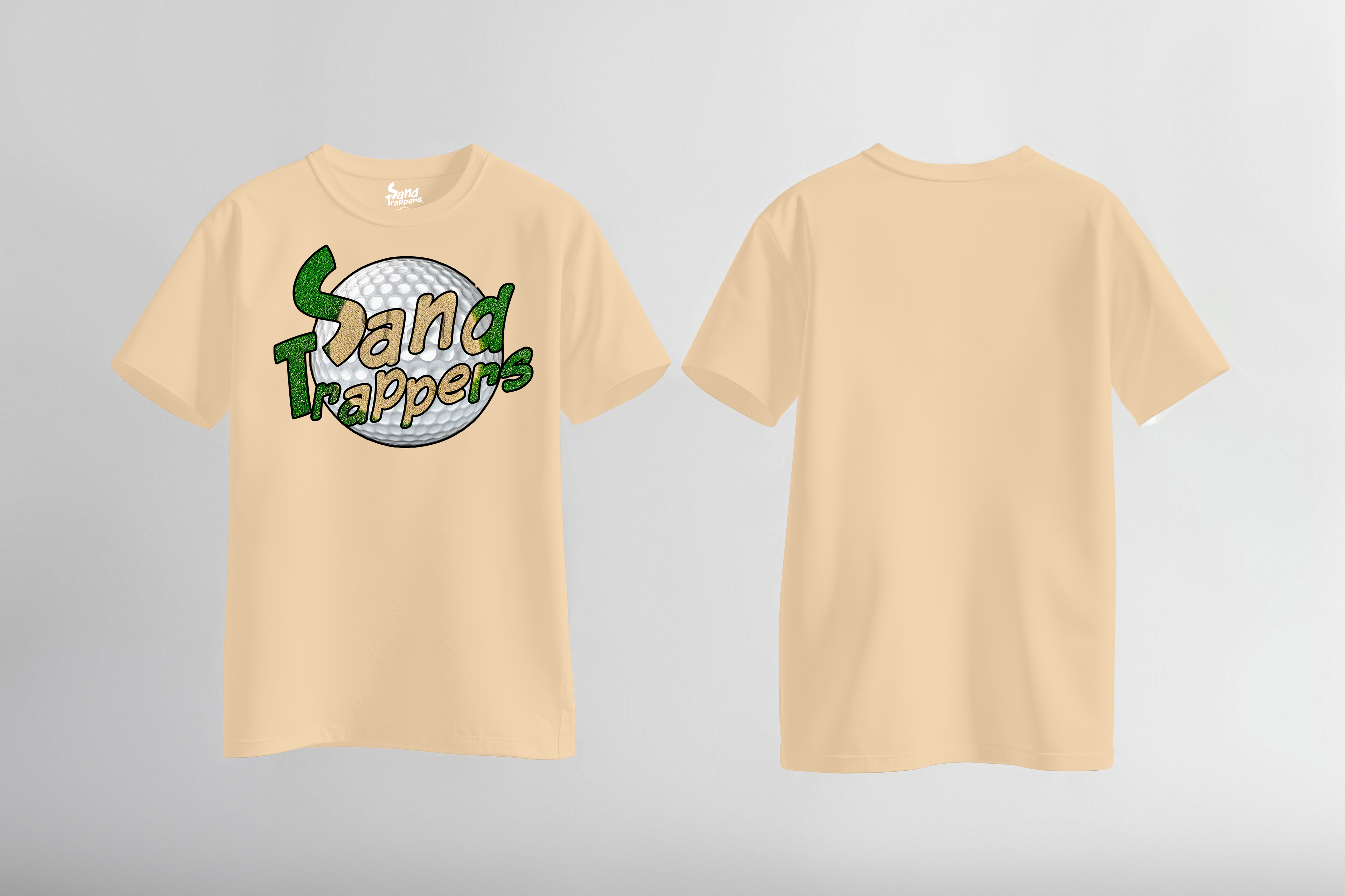 Beige t-shirt with 'Sand Trappers' logo on a gray background