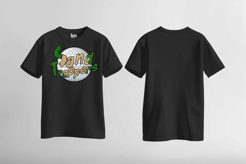 Black t-shirt with 'Sand Trappers' graphic design on a gray background