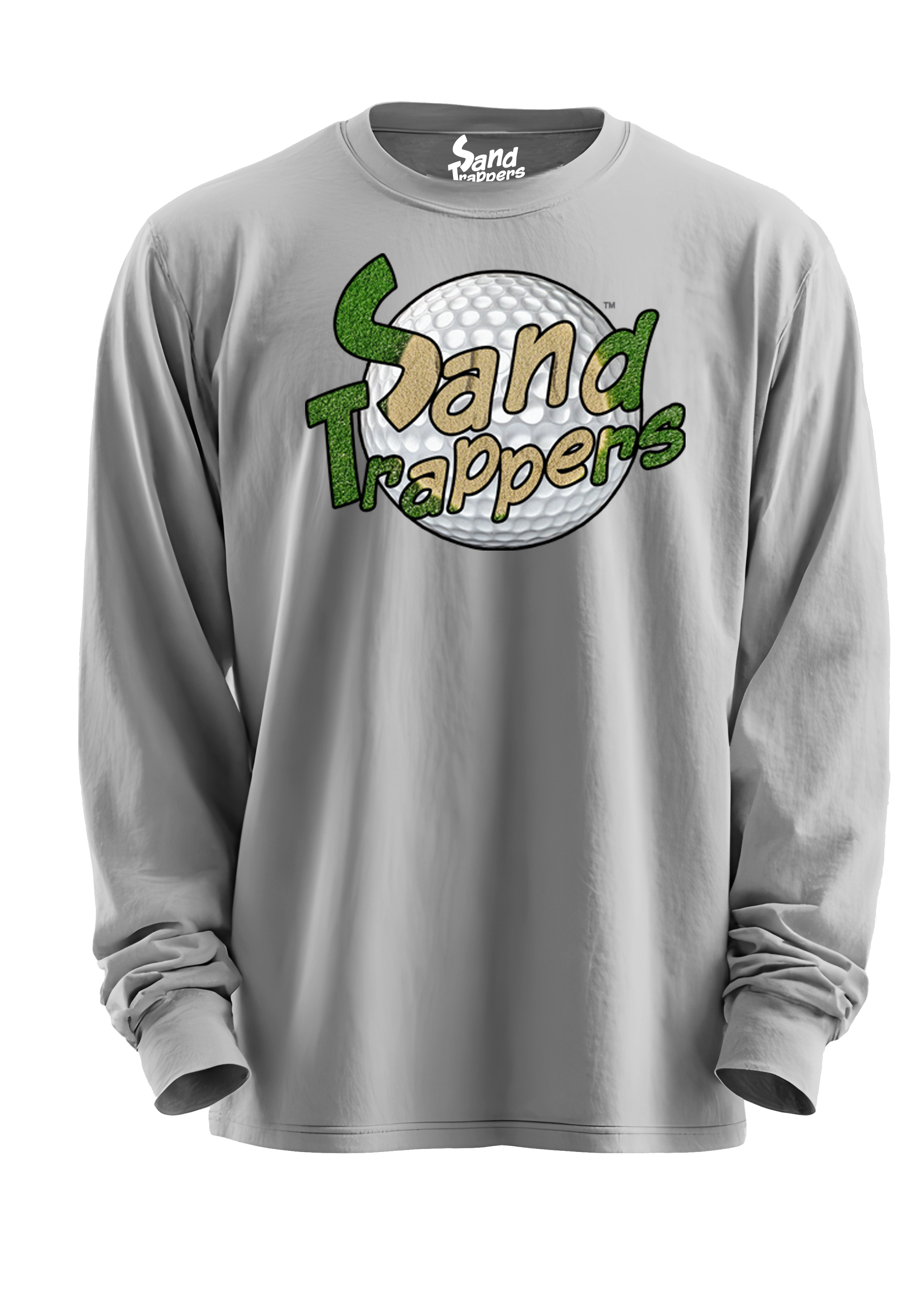 Gray long-sleeve shirt with 'Sand Trappers' logo on a white background
