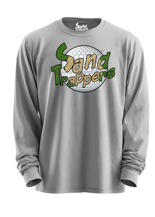 Gray long-sleeve shirt with 'Sand Trappers' logo on a white background