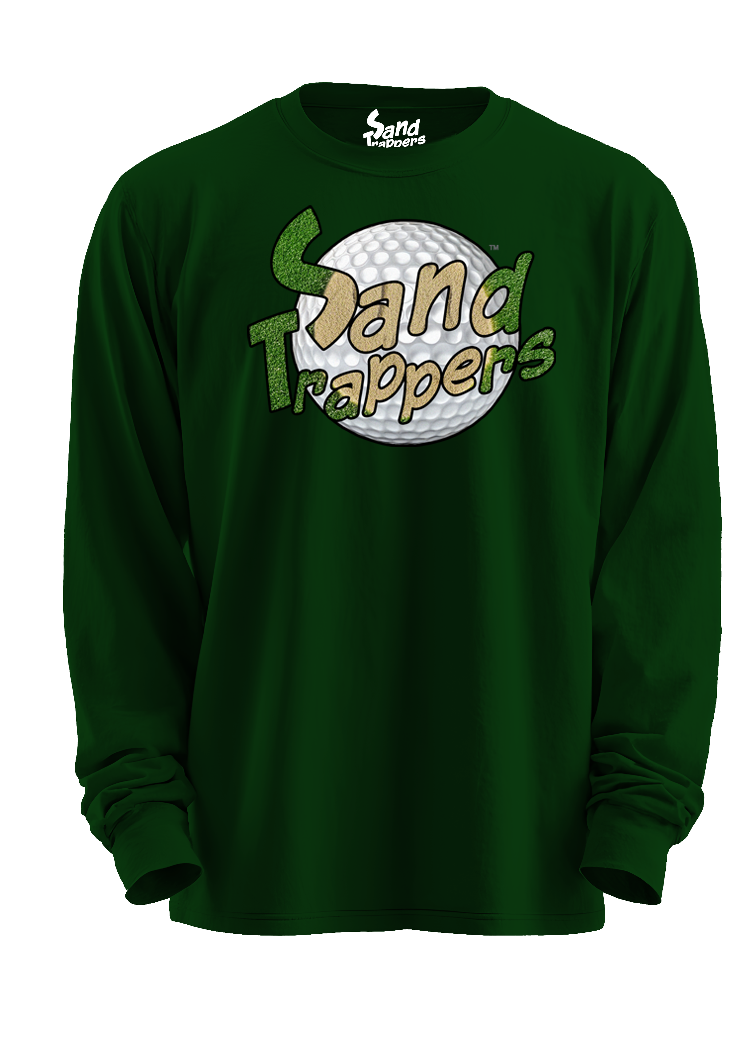 Green long-sleeve shirt with 'Sand Trappers' logo on a white background