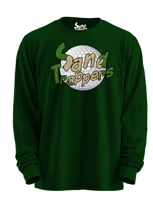 Green long-sleeve shirt with 'Sand Trappers' logo on a white background