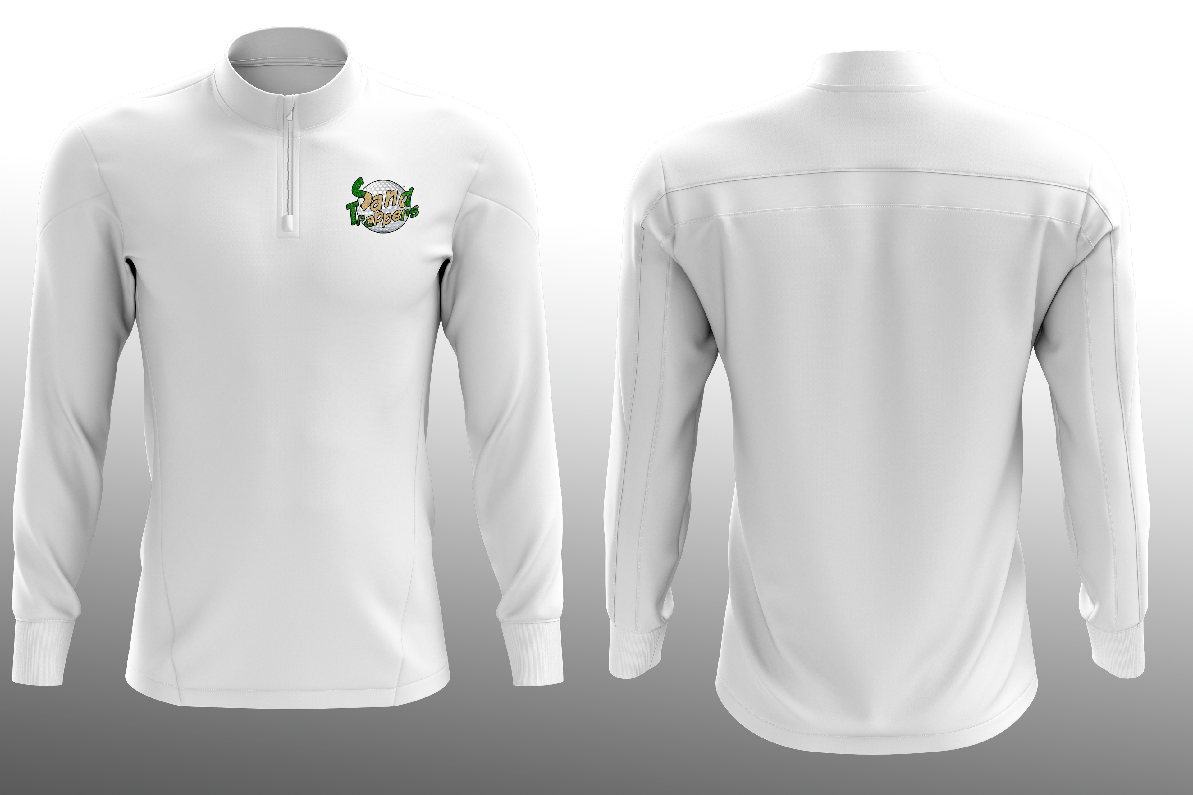 White long-sleeve shirt with a logo on the chest, shown from front and back views.