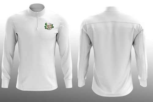 White long-sleeve shirt with a logo on the chest, shown from front and back views.